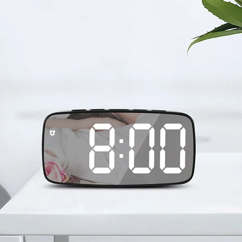 

LED Mirror Screen Alarm Clock Creative Digital Clock Voice Control Snooze Time Date Temperature Display Rectangle/Round Style