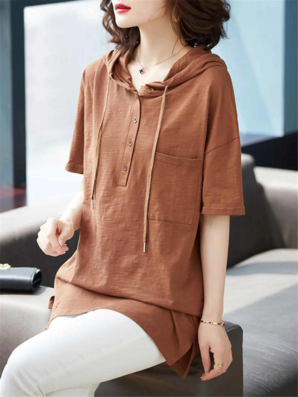 

Women Summer Autumn Fashion Solid Color Short Sleeve T-shirts With Pockets Office Lady Casual Thin Slim Fit Hoodie Pullover Tops