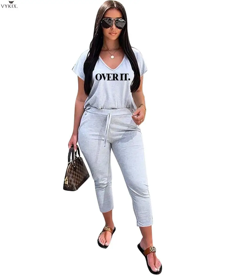 

Summer Fashion Women Overit Letter V-neck Tee Top Pencil Jogger Sweatpants Suits Two Piece Sets Sport Matching Sets Club Outfits