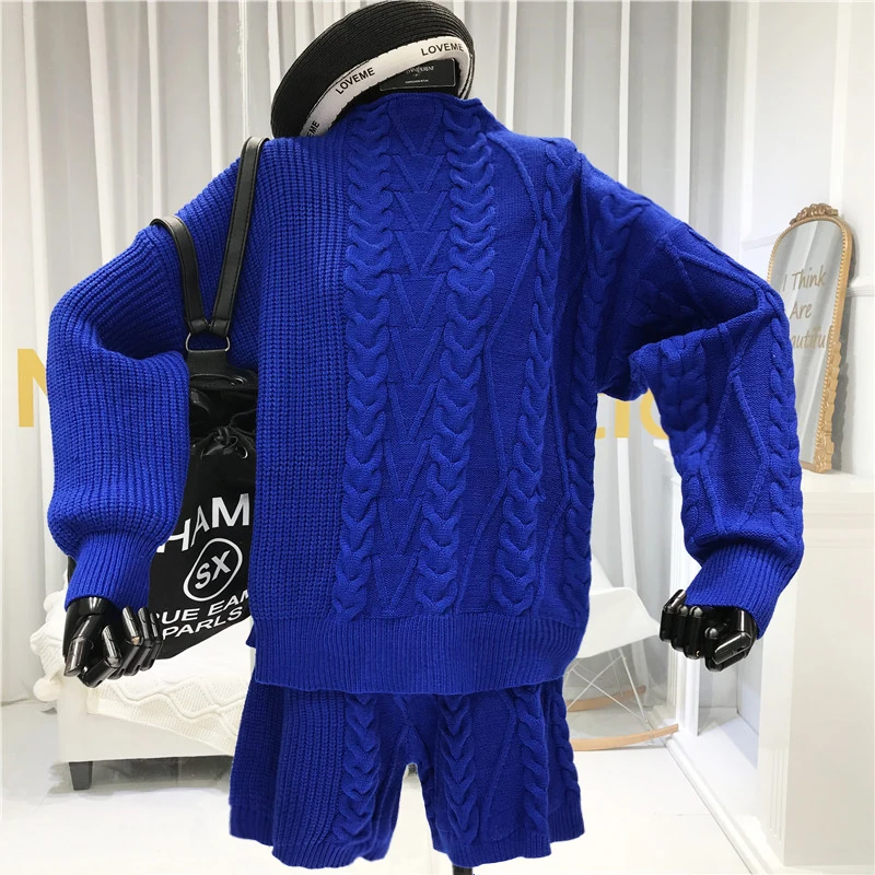 ALPHALMODA, зимний женский модный Свободный пуловер, Ретро стиль, твист, толстый свитер+ шорты, вязанный двухсекционный костюм, Одноцветный, Хит, Короткие комплекты