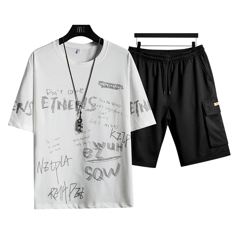 

2021 New Tracksuit Men Sets Summer 2 Pieces Sportswear Set Gym Fitness Sport Shorts Casual Letter Printing Sweat Suit White 4XL