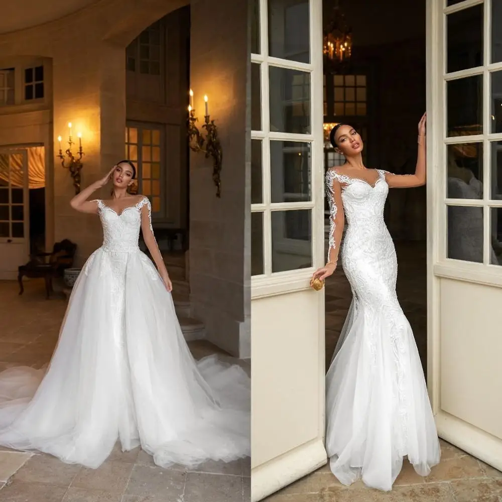 

2021 Lace Wedding Dresses Long Sleeve Applique Beads Mermaid Bridal Gowns Custom Made Detachable Train Button Back Wedding Dress