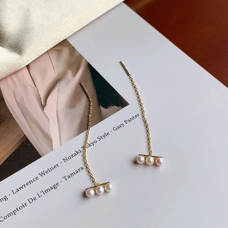 

925 sterling silver Long Line Balance Faux Pearl Earrings Women Wedding Jewelry Punk Party Designer Club Cocktail Party Japan