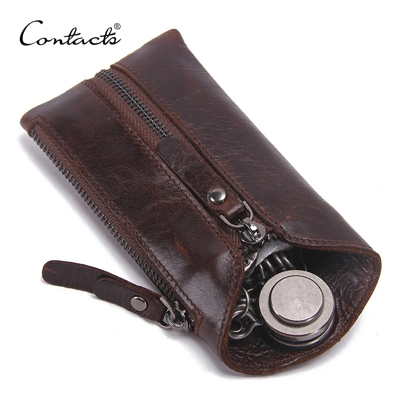 

CONTACT'S 100% Genuine Leather Key Wallet Men Car Key Holder Zipper Keys Case Top Quality Male Man Housekeeper Keys Organizer