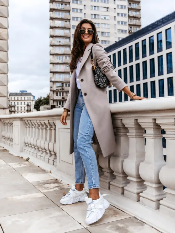 

2020 Autumn Winter Wool Blend Coat Female Casual Mid-Long Pocket Overcoat Trench Solid Women Long Sleeve Button Jacket Outerwear