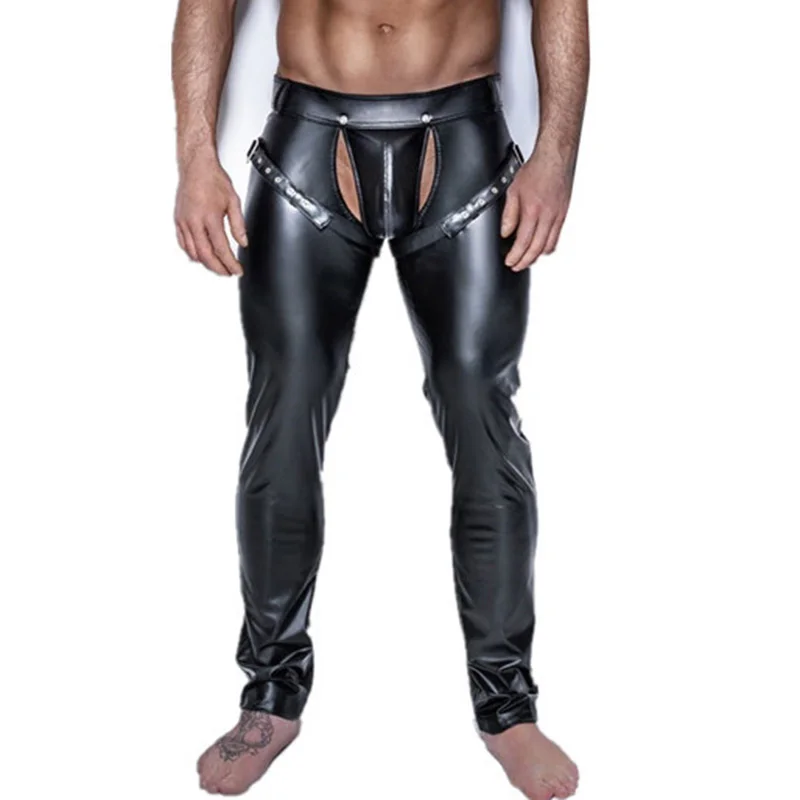 Mens Trousers Open Crotch PU Leather Latex Leggings Fitness Pencil Pants Taniec Na Rurze Clubwear Gay Sexy Wetlook XXL | Тематическая
