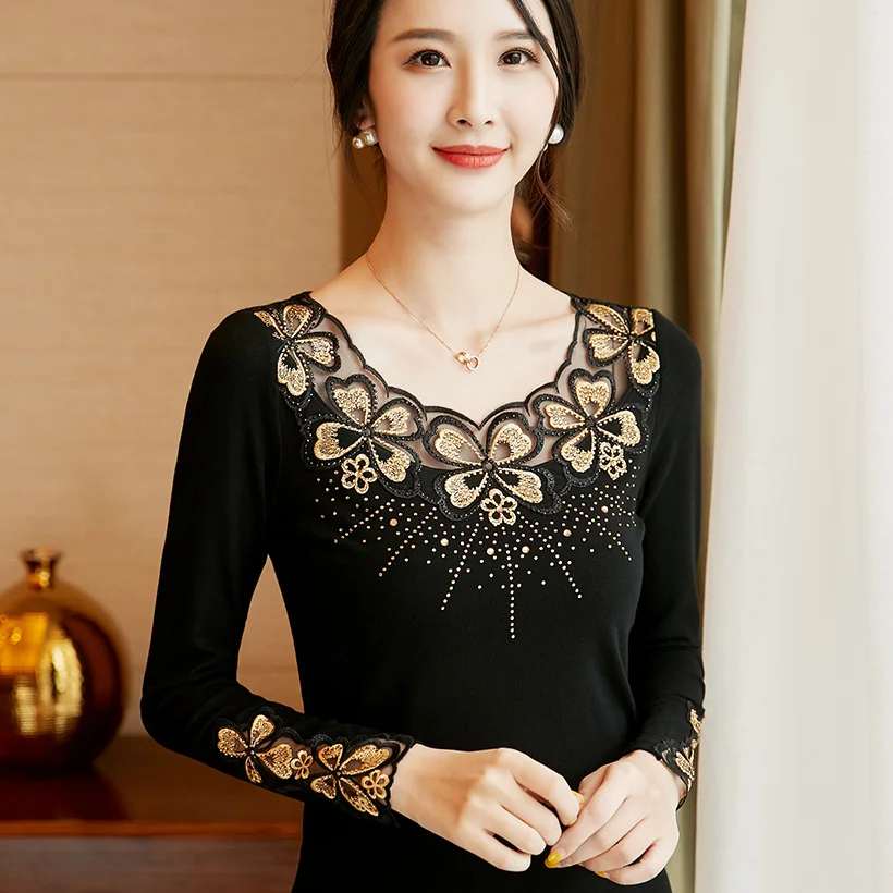 Blusas mujer de moda, Осенние сетчатые топы с длинными рукавами и вышивкой, модная Повседневная Блузка с бриллиантами, рубашка, большие размеры