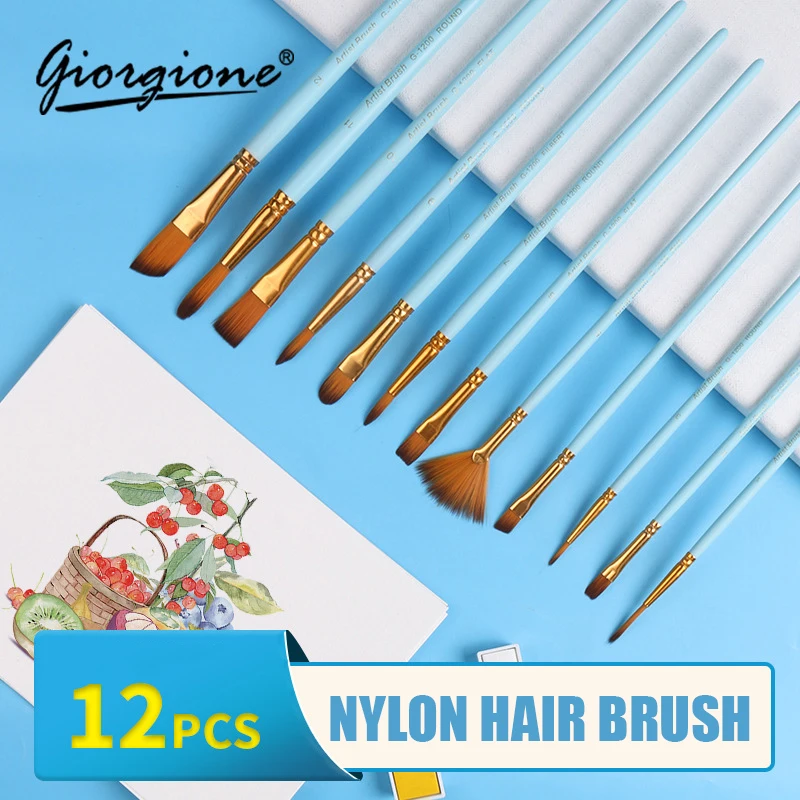 

GIORGIONE Artist 12 Pcs Colorful Watercolor Paint Brushes Set Nylon Hair Painted Wooden Handle For Acrylic Oil Gouache Painting