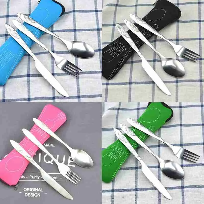 4pcs Steel Knifes Fork Spoon Family Travel Camping Cutlery Eyefuldiving Bag Picnic Steak Steel Cutlery Set
