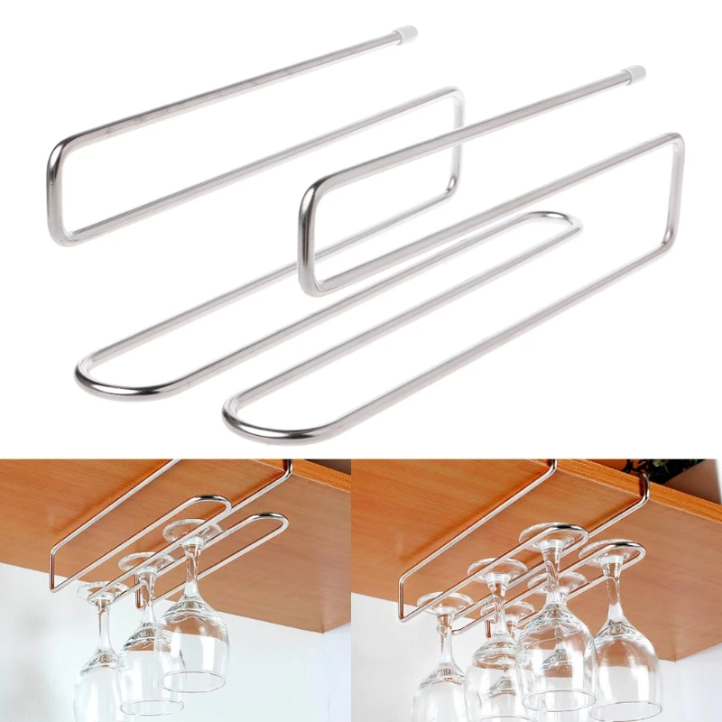 

2 Rows Stainless Steel Cup Holder Wine Glass Hanging Rack Under Cupboard Hanger