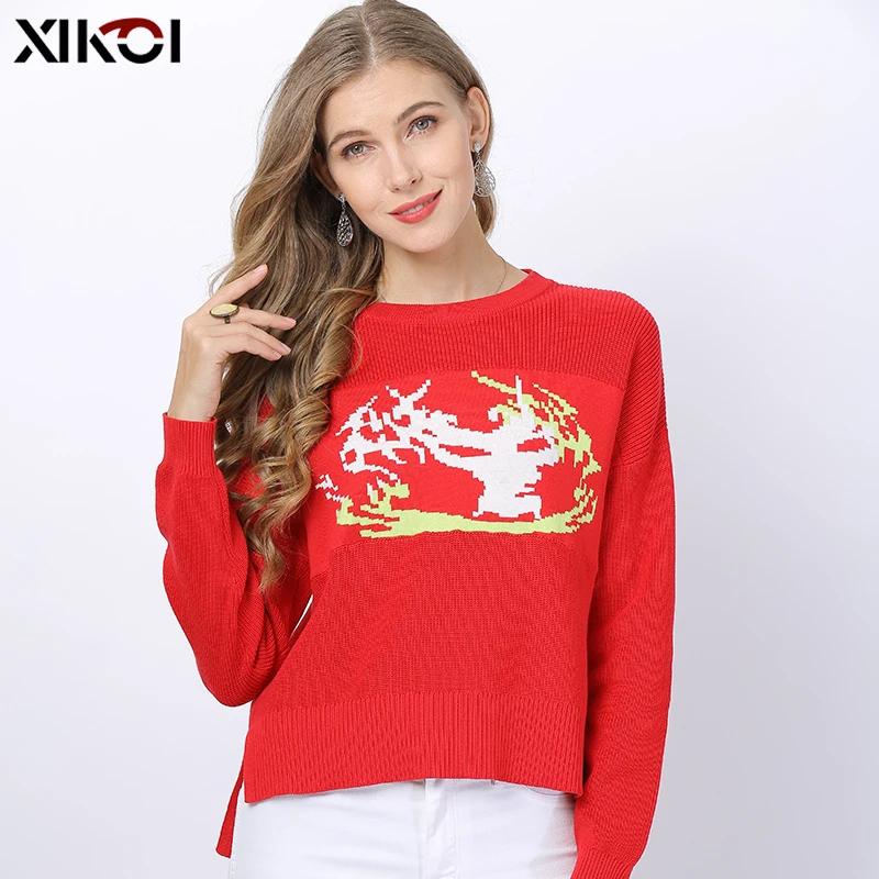 XIKOI/джемпер с принтом рождественского оленя укороченный вязаный женский