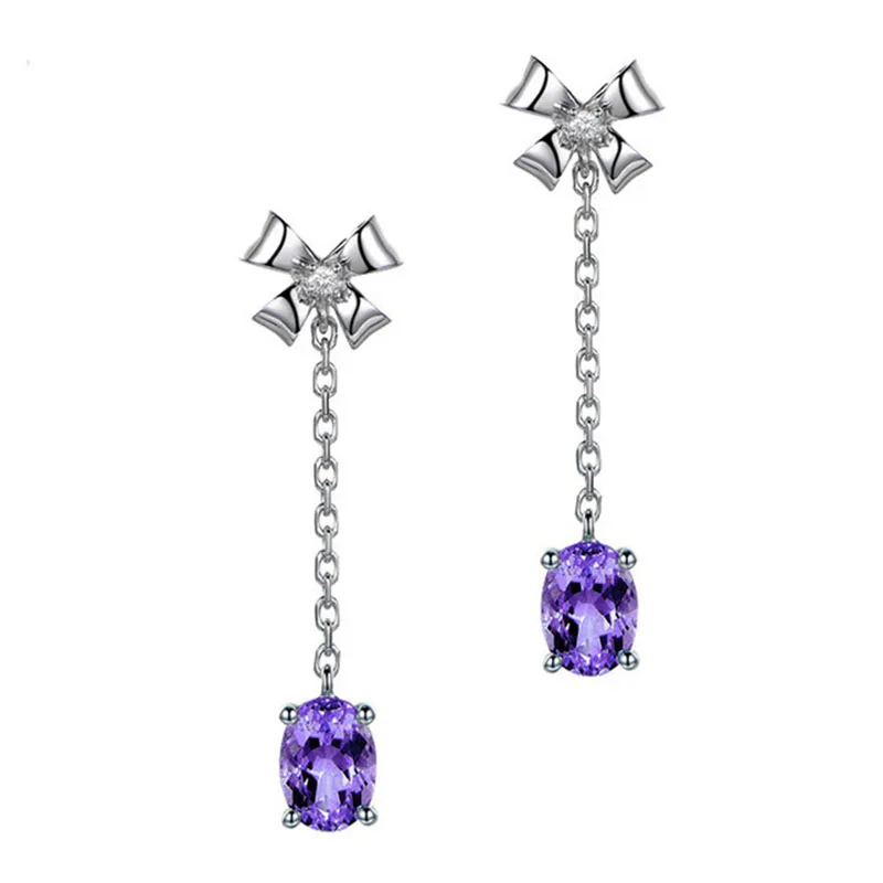 

New 925 Silver Bowknot Platinum-Plated Drop Earrings Imitation Amethyst Gemstone Long Tassel For Women Student Party CZ Jewelry