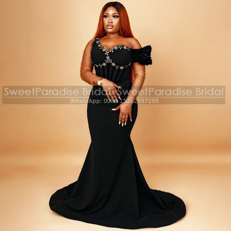 

Black Trumpet Sheer Long Sleeves Evening Dresses With Beads Crystal Off Shoulder Mermaid Plus Size Women Prom Dress Party Gown