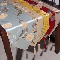 home chinese classical magpie flower bird tree embroidery restaurant decoration party wedding with tassel simple table runner