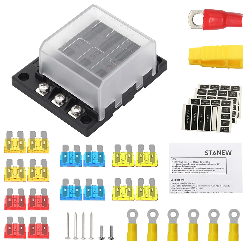 

12V 32V Fuse Box Holder With Plastic Cover M5 Stud 6 Ways 12 Ways Blade Fuse Block Box LED Indicator Light For ATP/ATC/ATO