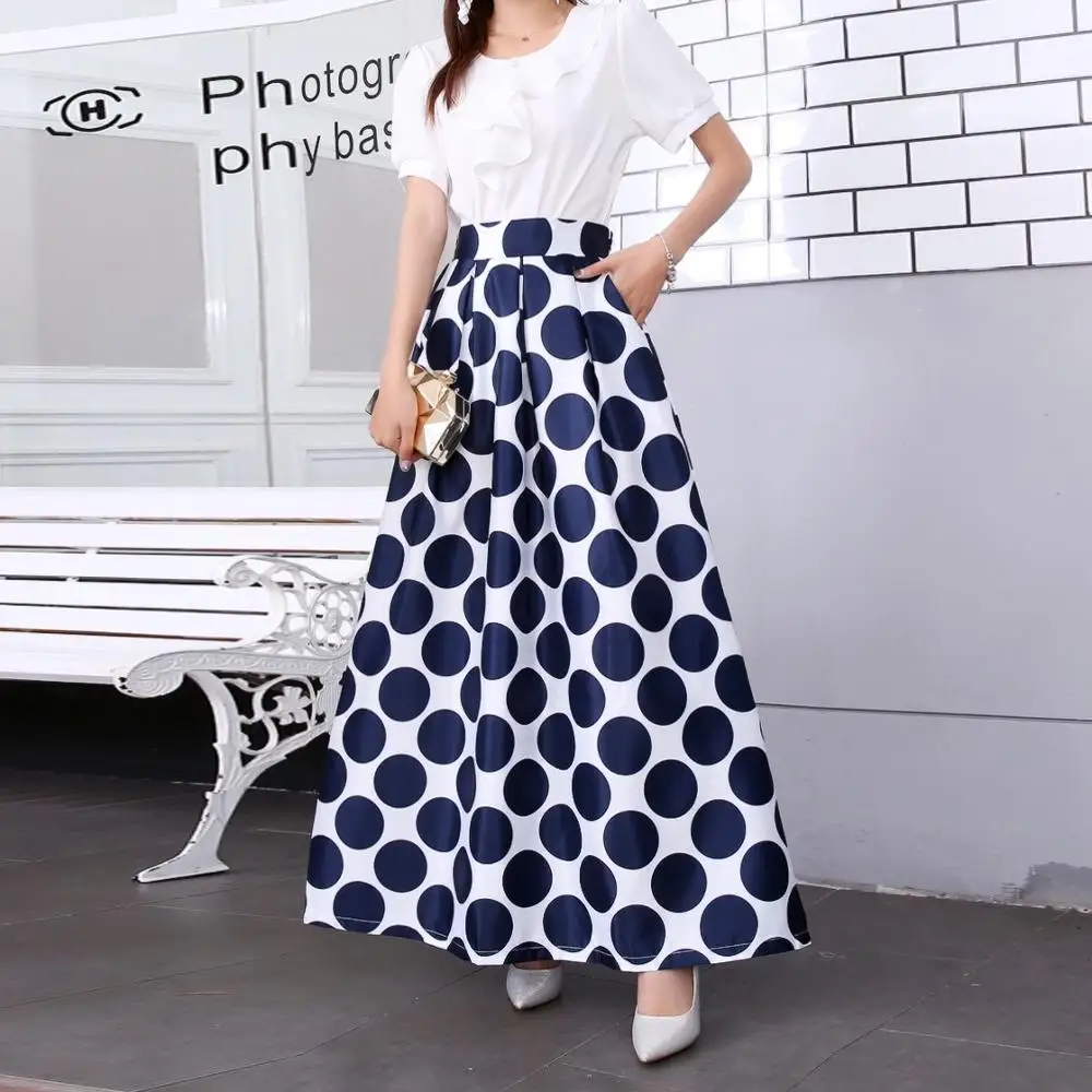 

New High Quality Dot Printed Elastic High Waist Women Skirts 2020 A-line Ankle Length Casual Elegant Long Skirts For Women