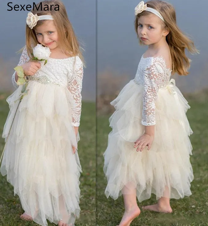 New Ivory White Lace A-line Flower Girl Dress Ruffles Ankle Length Girls First Communion Dress Kids Wedding Party Dress