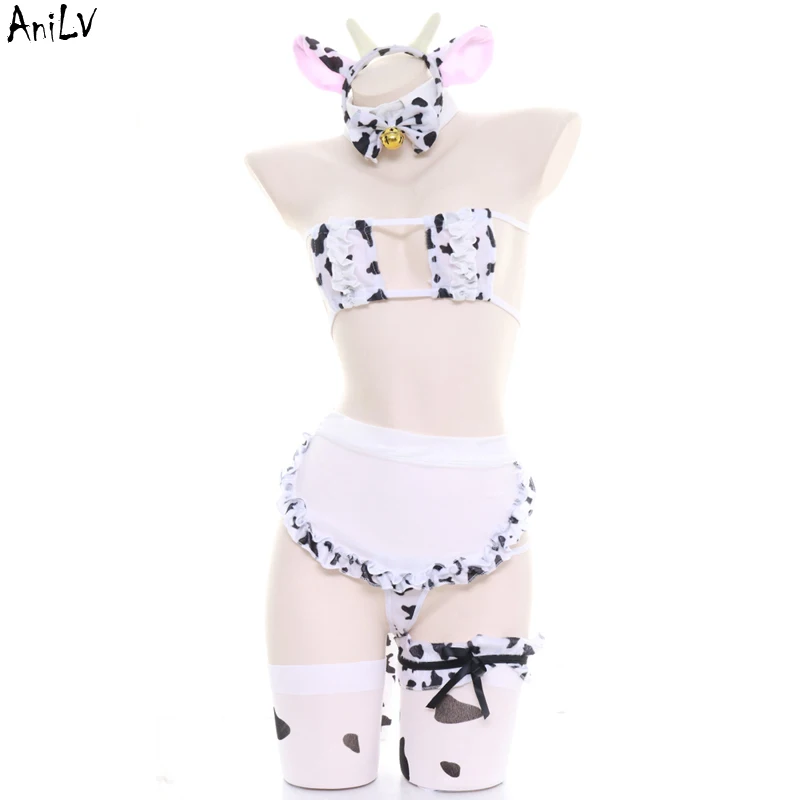 

AniLV Cute Pool Party Cow Girl Maid Bikini Swimsuit Costume Beach Bell Student Swimsuit Uniform Set Cosplay Headband Ear Tail