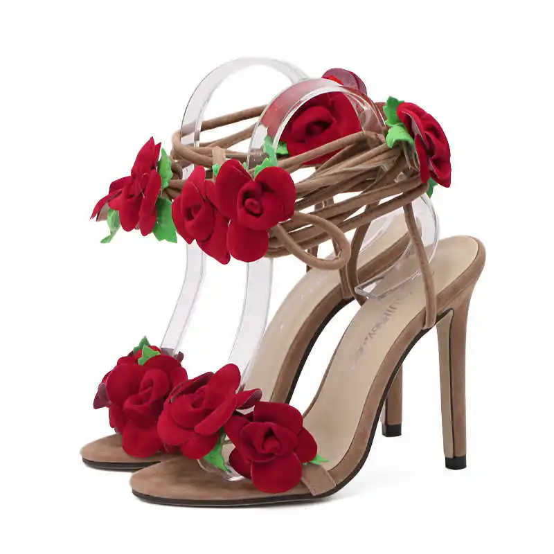 

Three Rose Cross lace up high heel sandals around feet sexy women's shoes size 42 fashion