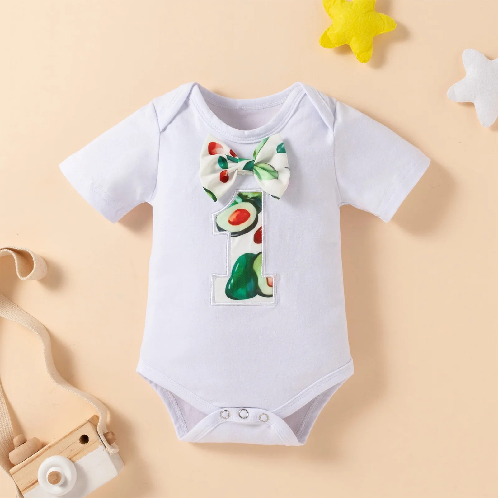 

Kids Clothes Boys, Summer Avocado Print Round Neck Short Sleeve Romper+ Suspender Shorts for Boys