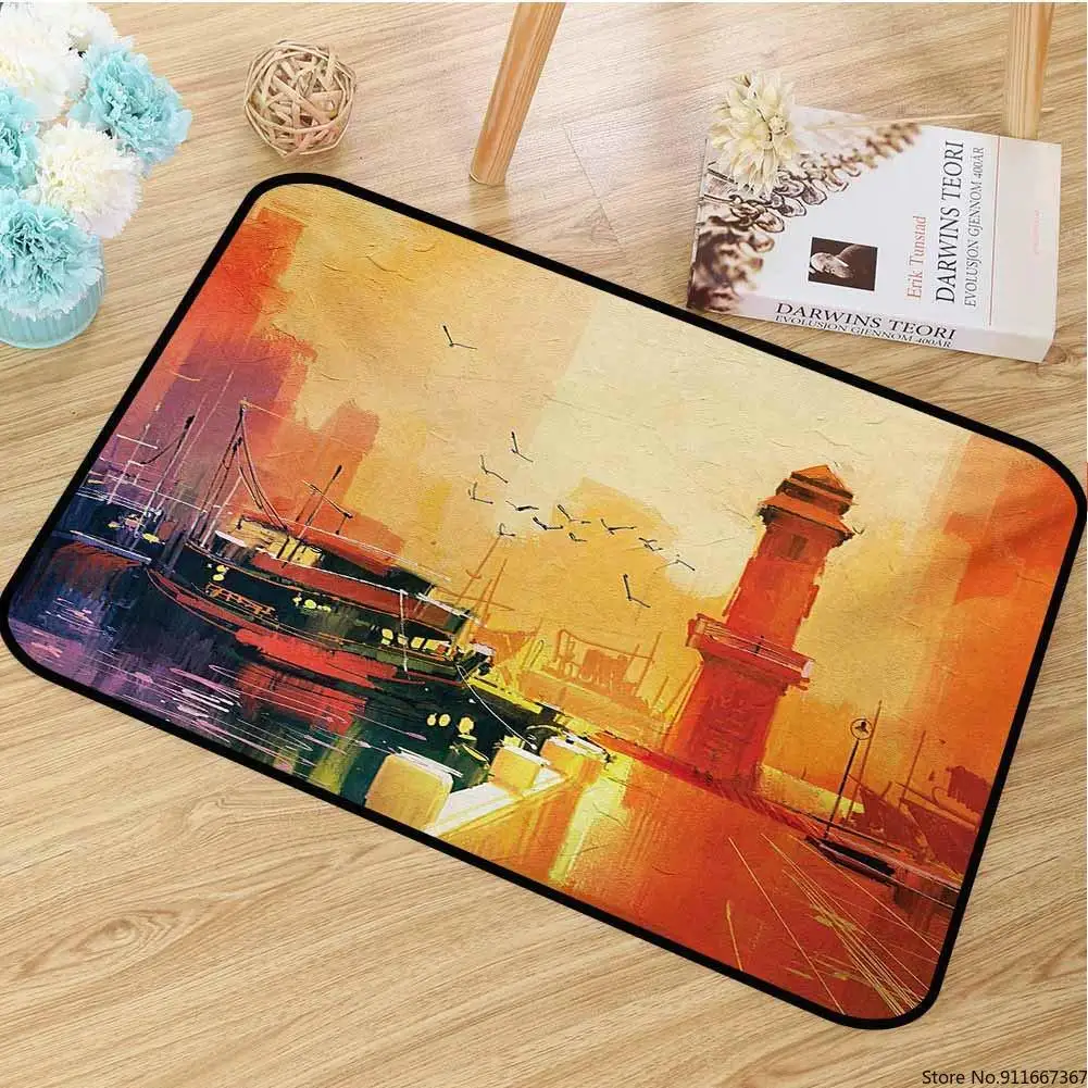 Страна на входе уличный дверной коврик образ маяк и рыбацкая лодка закате с чаек