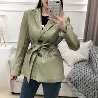 fashion glossy pu leather jacket female bright shining pu leather outerwear green apricot leather jackets with belt f350