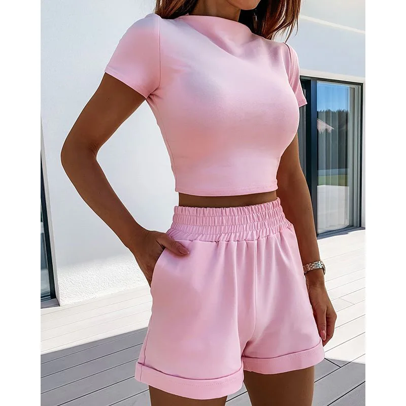 

Summer Sexy 2 Piece Set Women Short Sleeve Solid Skinny Crop Top and Elastic Shorts Outfits Sets Fashion Jogging Tracksuit New