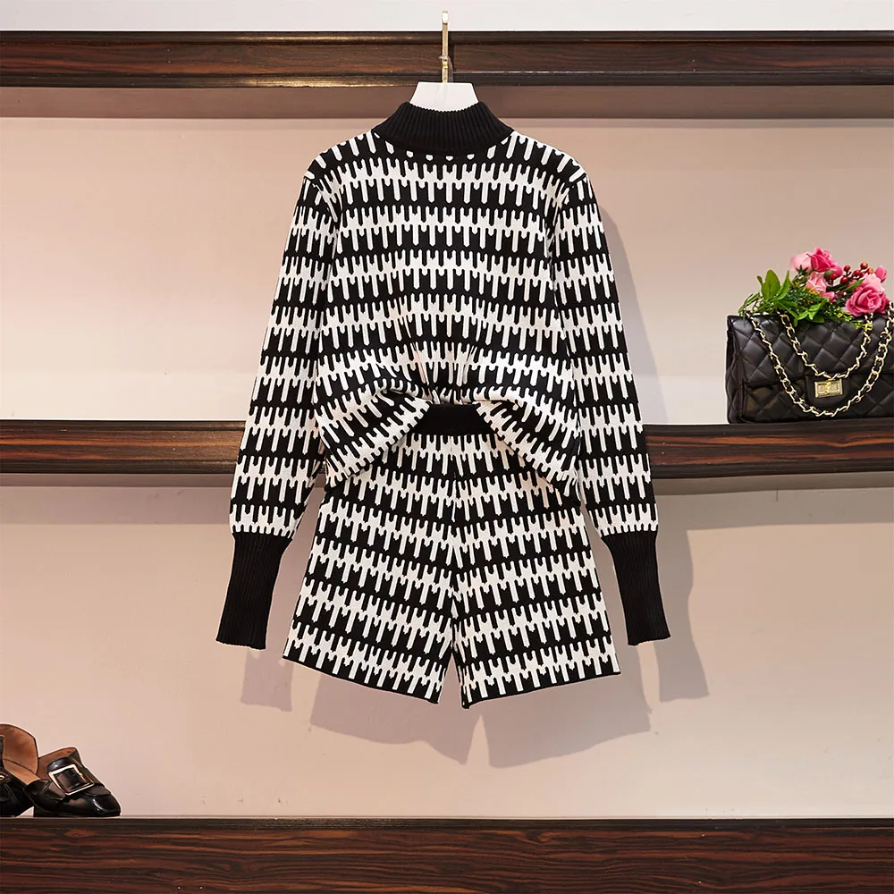 Черный HAMALIEL Подиум осень зима женский комплект 2 шт. Turtlenek вязаный лоскутный полосатый свободный свитер+ эластичные Широкие шорты костюм - Цвет: Черный