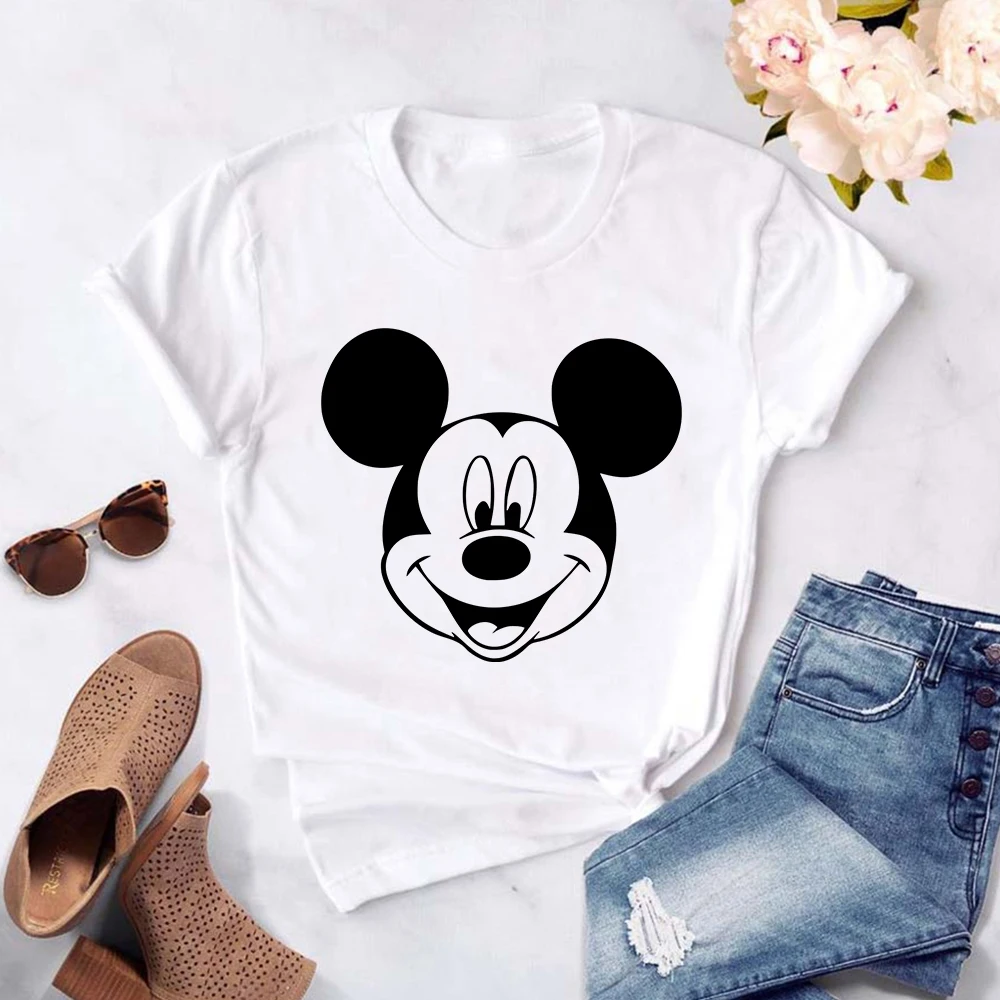 

Летняя женская футболка, Топ Ulzzang Harajuku, модная Милая футболка для девушек с принтом головы Микки Мауса, повседневные футболки с коротким рукавом