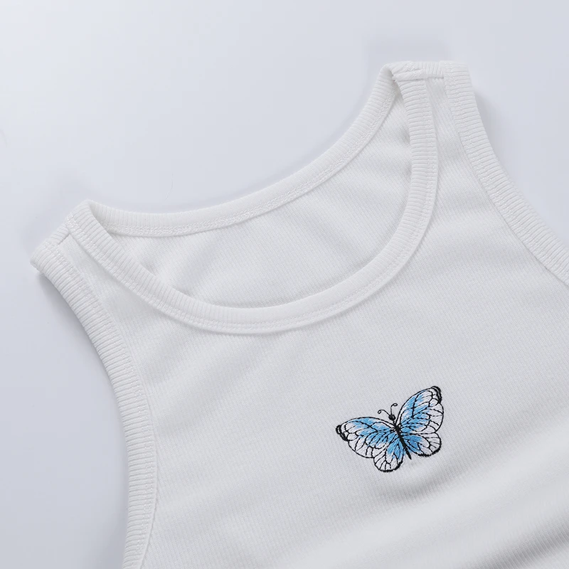 

InstaHot Casual Dress 2021 Sleeveless Butterfly Printed Slim Rib Knit Mini Dress Summer Women White Drawstring Ruched Dresses