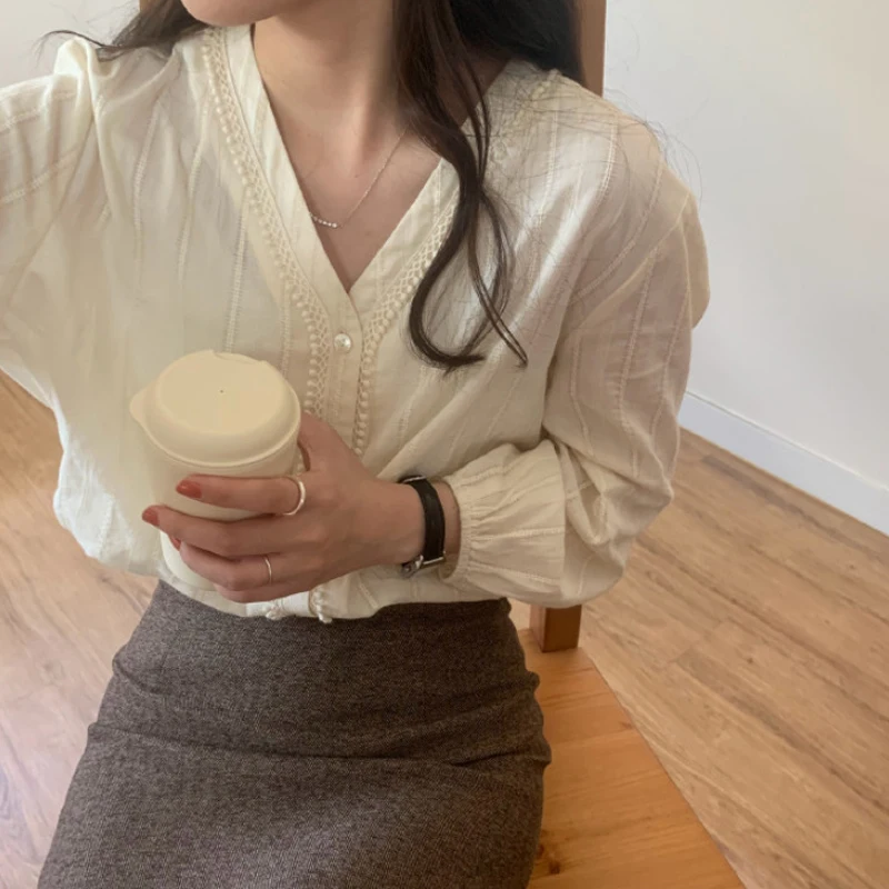 Женская однотонная блузка в Корейском стиле белая Повседневная Блузка с длинным