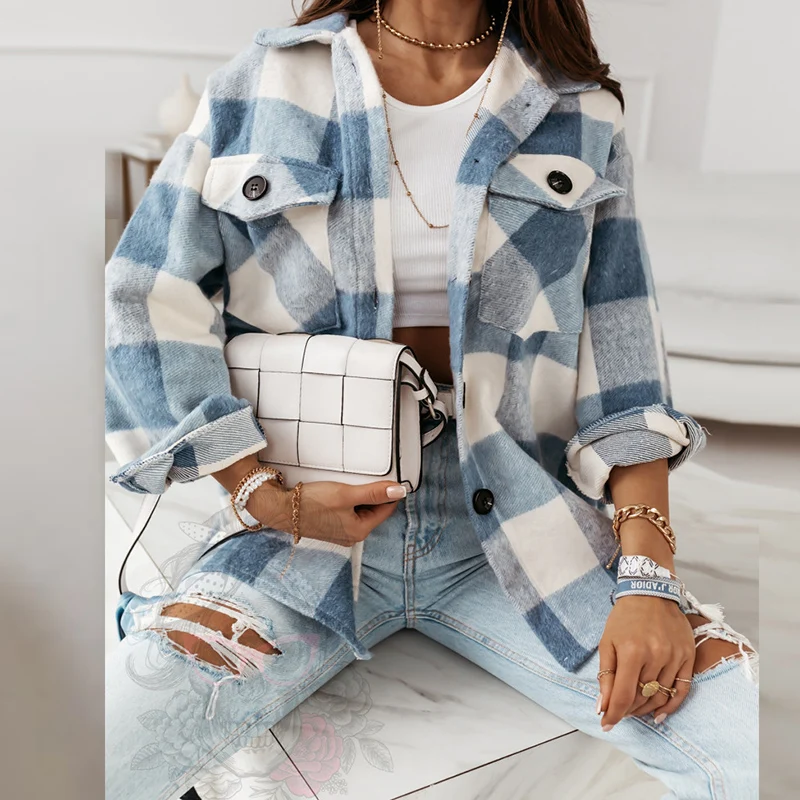 

Винтажная стильная куртка с карманами оверсайз, клетчатое пальто для женщин, мода 2021, воротник с лацканами, длинный рукав, свободная верхняя...