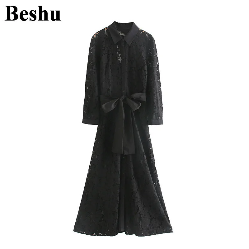 Женское кружевное платье миди za элегантное с поясом отложным воротником и