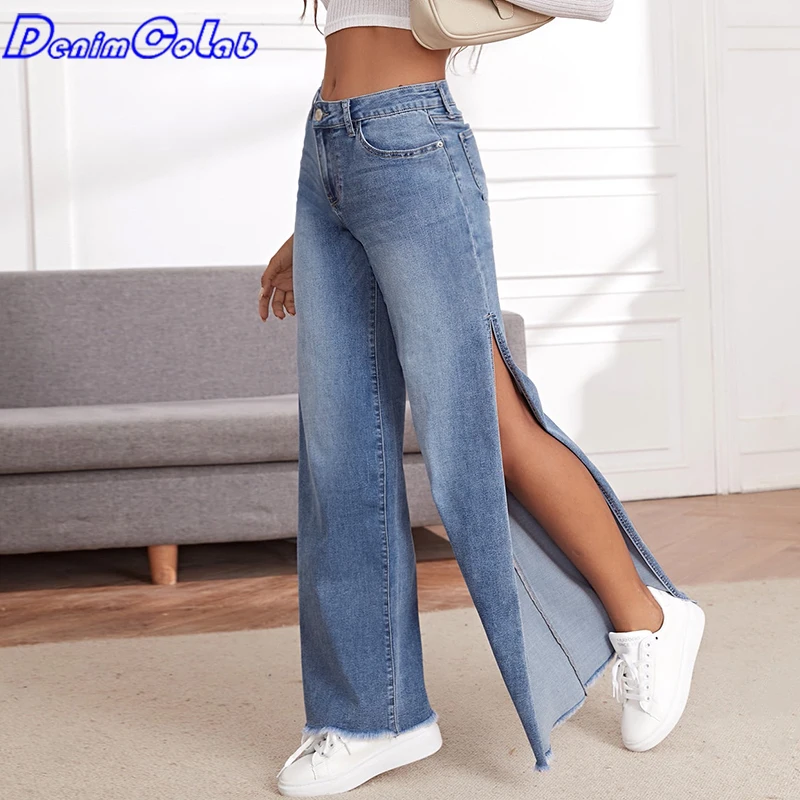 Модные широкие брюки DenimColab с высоким разрезом, джинсы, женские эластичные повседневные свободные джинсы с бахромой, женские Стрейчевые джинсы, уличная одежда - изображение