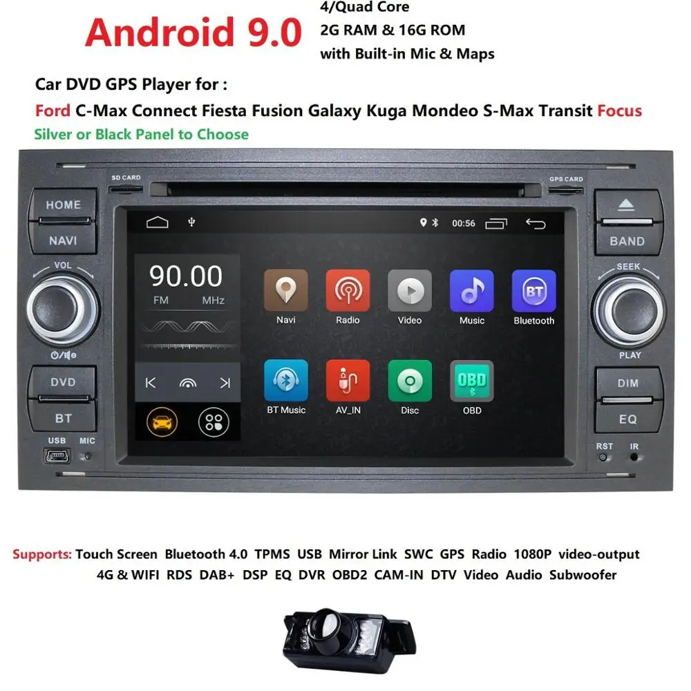 Android 9,0 четырехъядерный двойной 2 Din автомобильный DVD gps навигационный плеер мультимедийный плеер для Ford/Mondeo/Focus/Transit/C-MAX/S-MAX