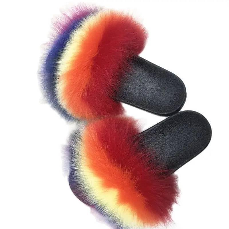 Женские шлепанцы из натурального Лисьего меха на плоской подошве|Тапочки| |