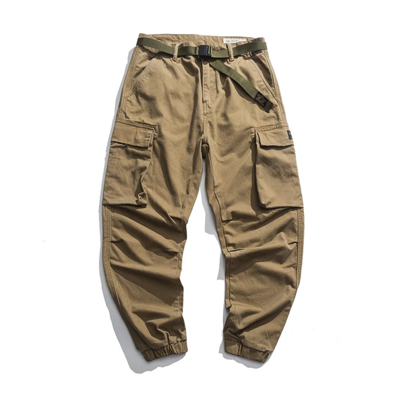 

Spring and summer Men Retro Multi-pocket Cargo Pants Casual Stretch Ankle Trousers Elastic Buckle Belt Khaki Mens Pant Plus Size