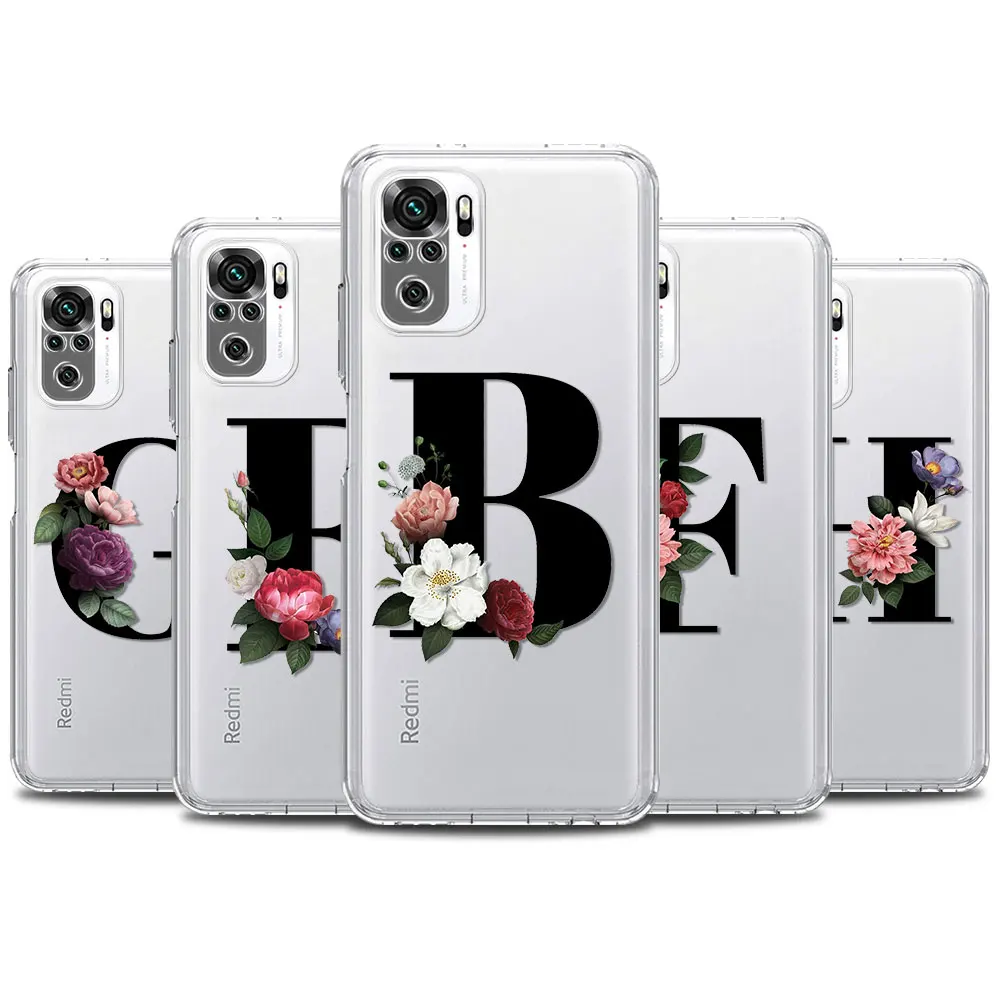 

Phone Case For Redmi Note 10 9S 9 4G 9T 8 Pro 7 Clear TPU Redmi 9 9A 9C 8A 7A K30 K40 for Back Cover Rainbow Letter Flower A-Z