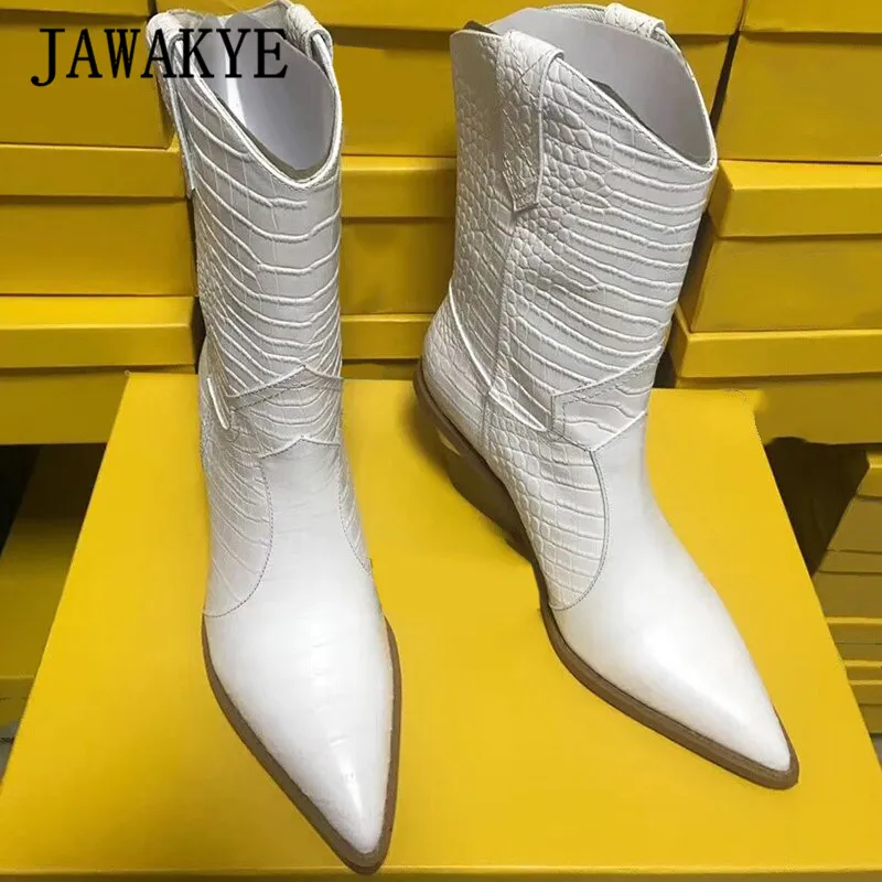 white Женские ковбойские ботильоны из черной и белой кожи на танкетке 4 см с острым носком на массивном каблуке ковбойские сапоги Вестерн - Цвет: white