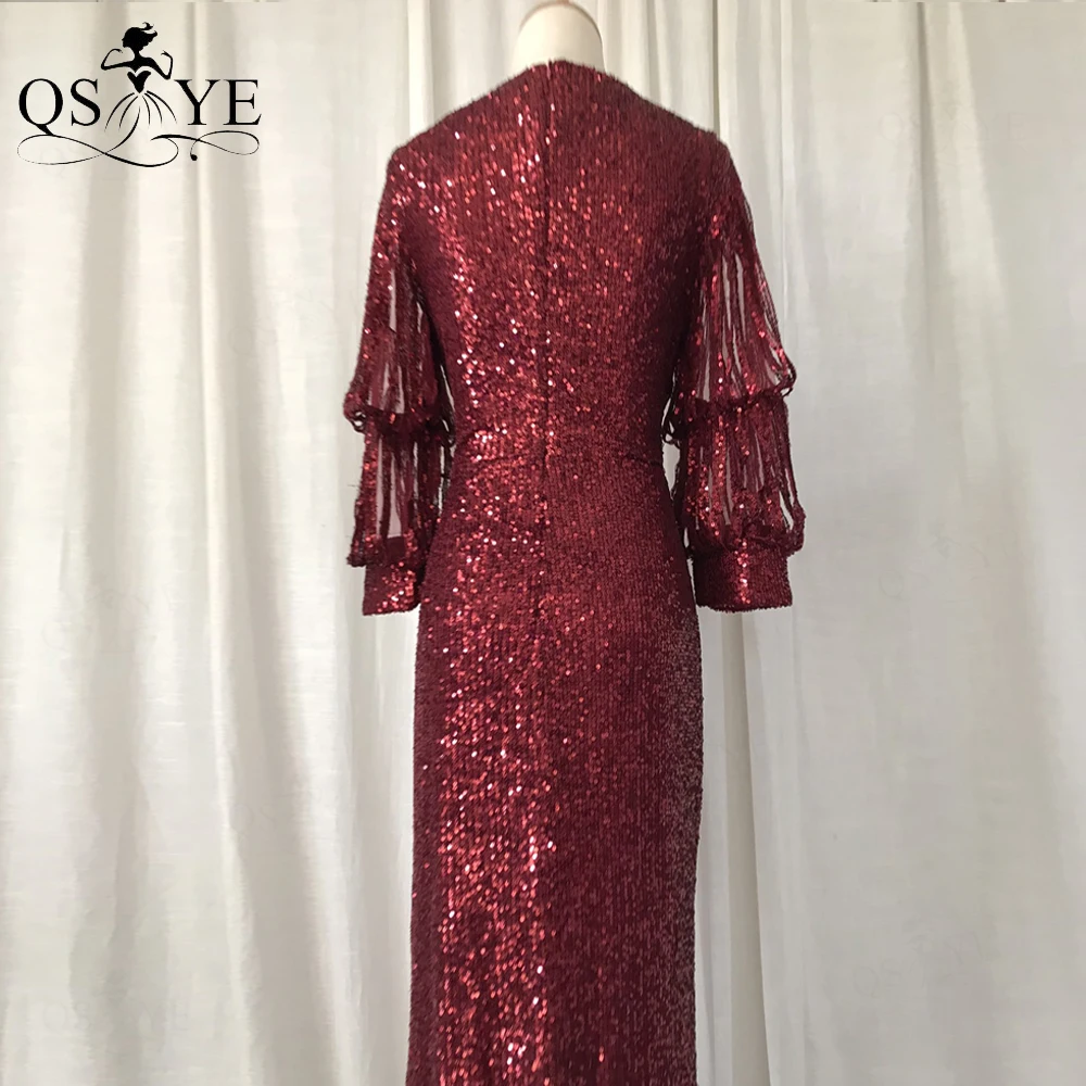 

Unique Sleeves Burgundy Evening Dresses Sequin Split Prom Dress Sexy V Neck Formal Gown Slit End Party Dress Glitter New 2021