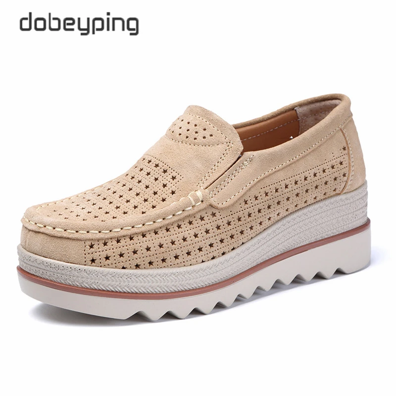 Summer Women's Shoes Breathable Hollows Flat Platform Ladies Sneakers Female Cow Suede Leather Loafers Woman Wedges Slip On Shoe