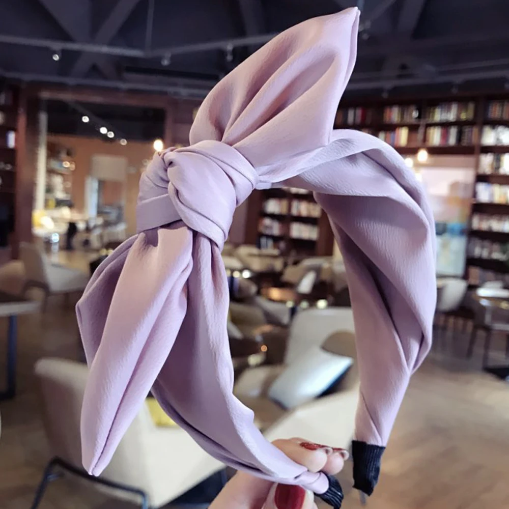 Повязка на голову женская с большим бантом тканевый широкий ободок контрастных