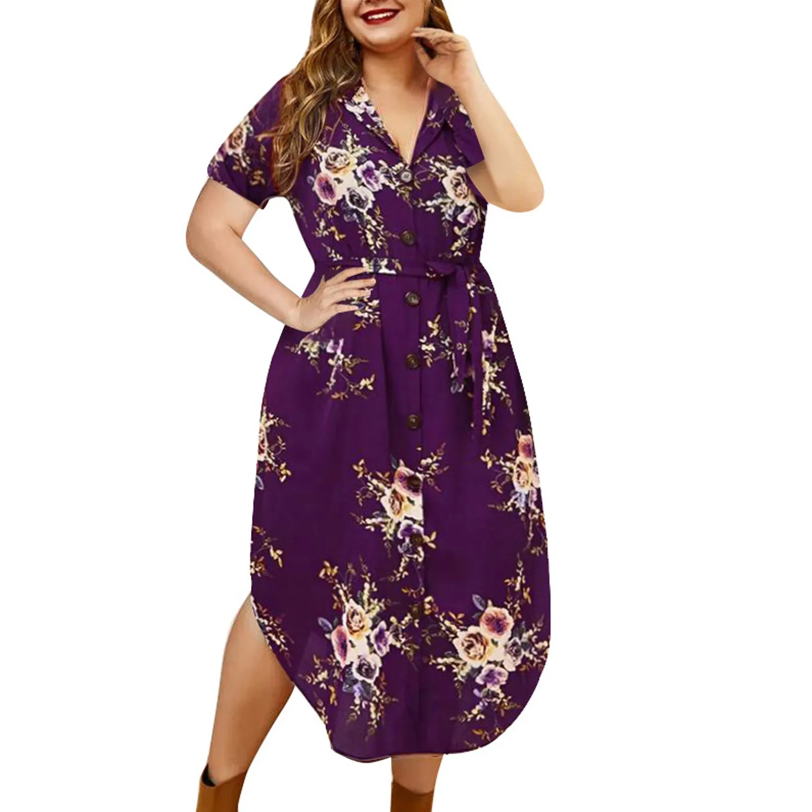 

Women's Casual Flower Printed Lapel Button Short Sleeve Large Size Dresses Female Summer Beach Long Dress