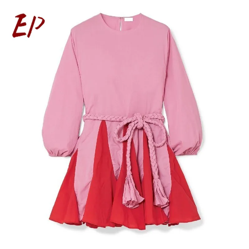 

EP 2021 Spring Hit Color Patchwork Womens Dress O Neck Puff Sleeve Bandage Dresses Female Casual Vintage Fashion