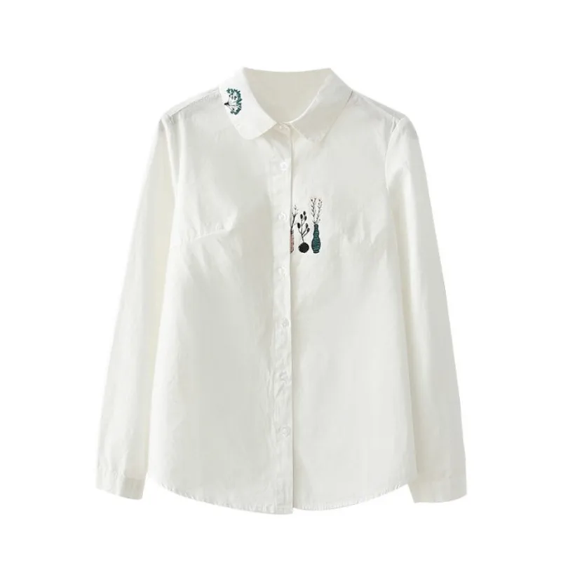 Женская Свободная блузка с цветочной вышивкой Офисная рубашка длинным рукавом