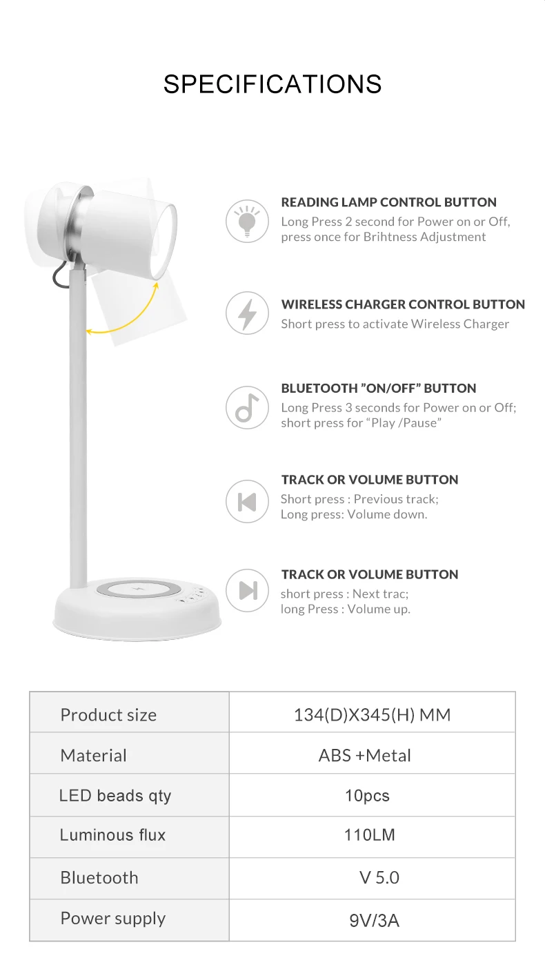 

Bluetooth Speaker Bass auxiliary Sound With Wireless charger 10W High Power Fast Charging Adjustable Lamp Study Reading Lamp