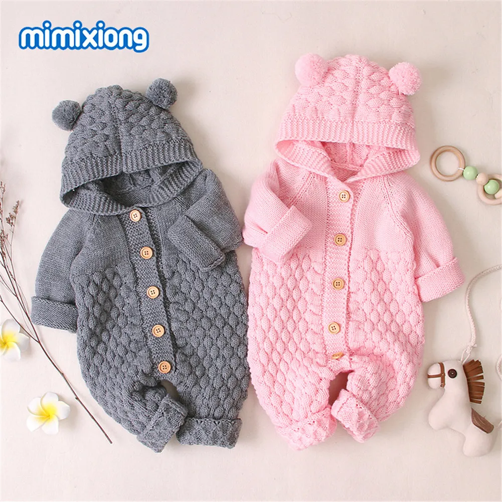 Solid Long sleeve Buttons Up Knitted Warm Hoodie Romper For Baby Girl | Детская одежда и обувь