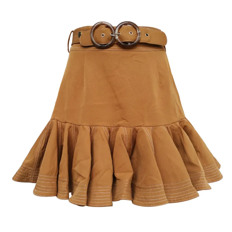 

Fashion brown women pleated skirt A-line high street sexy sashes mini skirt 2021 Autumn winter high waist short skirts female