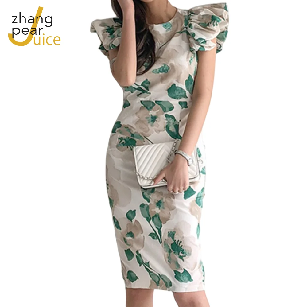 

Elegant O Neck Floral Print Mid Dress Women Round Neck Ruffled Dress Casual Slim Fit Dresses