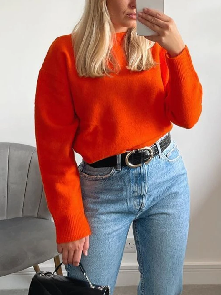 

ZXQJ Women Oversize Orange Sweaters 2021 Autumn Fashion Vintage Ladies Soft Sweaters Elegant Female Solid Loose knitted Pullover